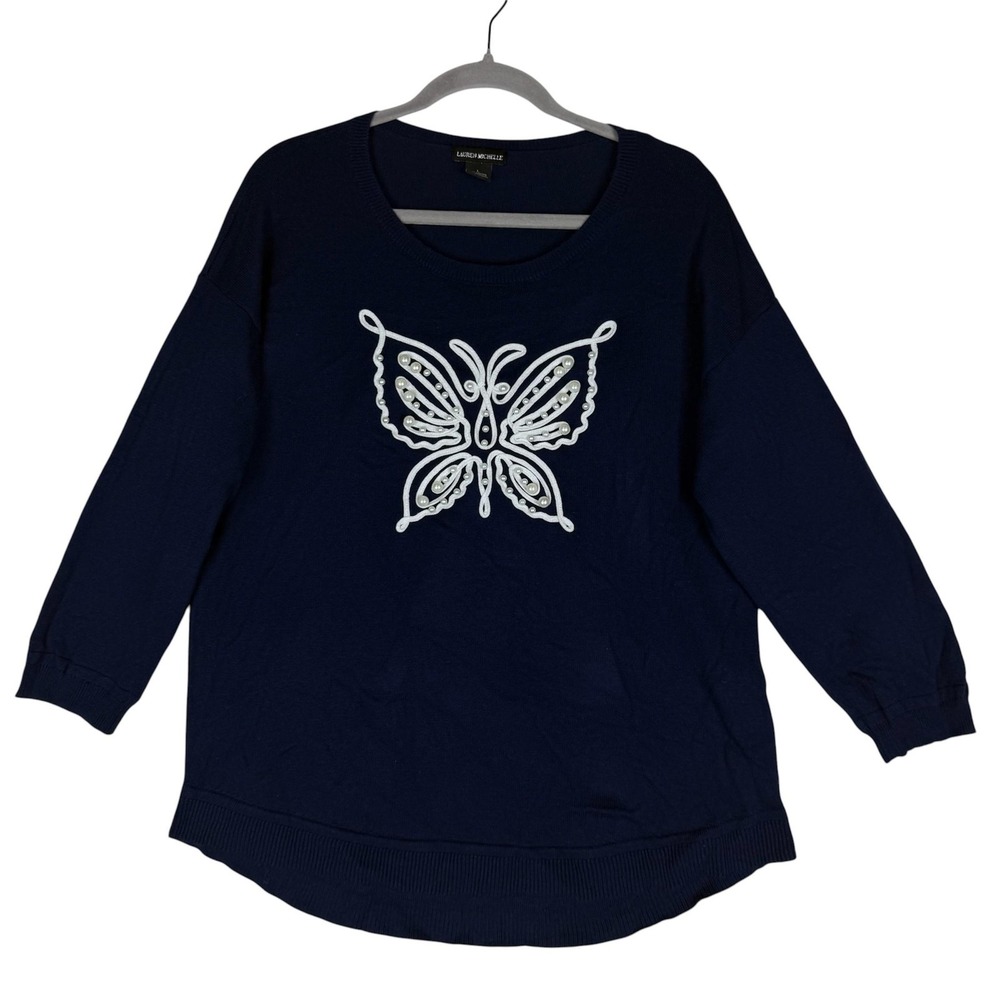 Lauren Michelle Sweater Womens Large Blue Butterfly Beaded Crewneck Pullover
